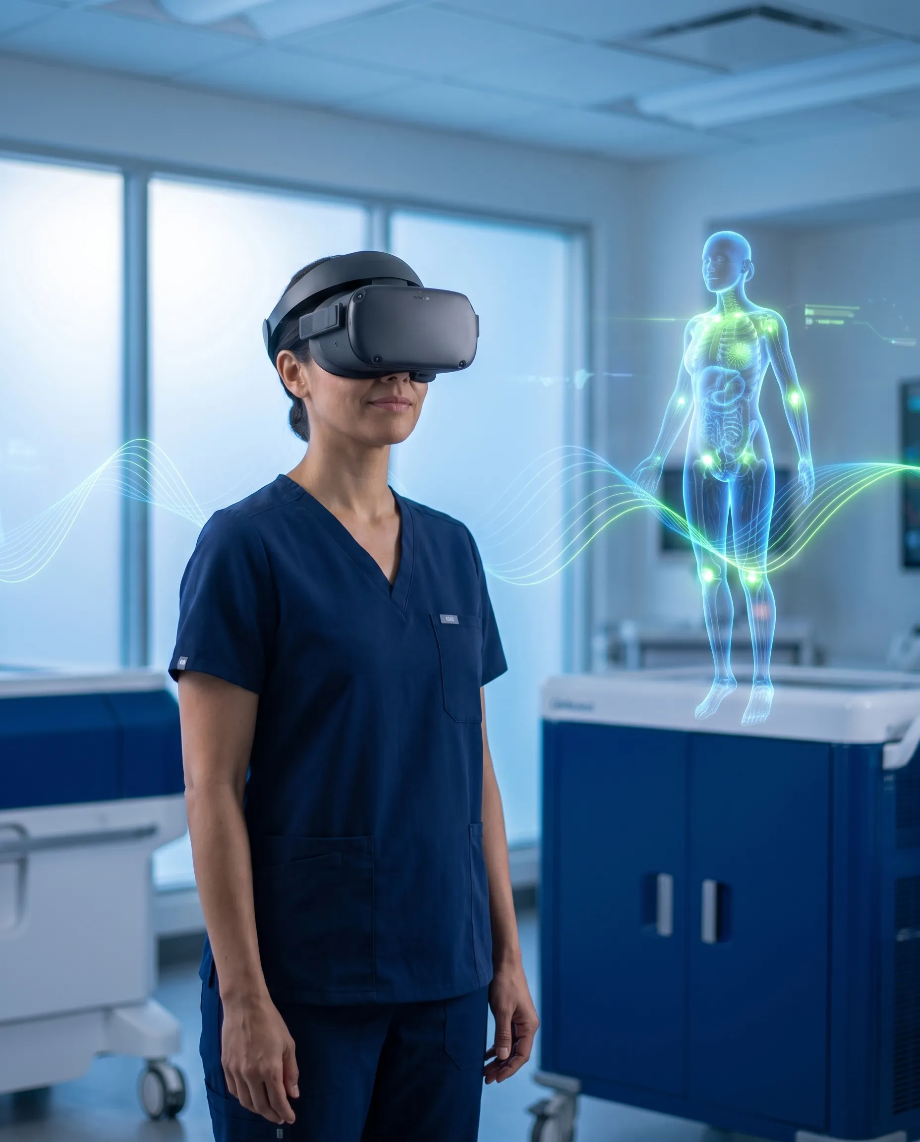 A nurse educator in navy scrubs wearing a VR headset beside a glowing holographic patient in a simulation lab.