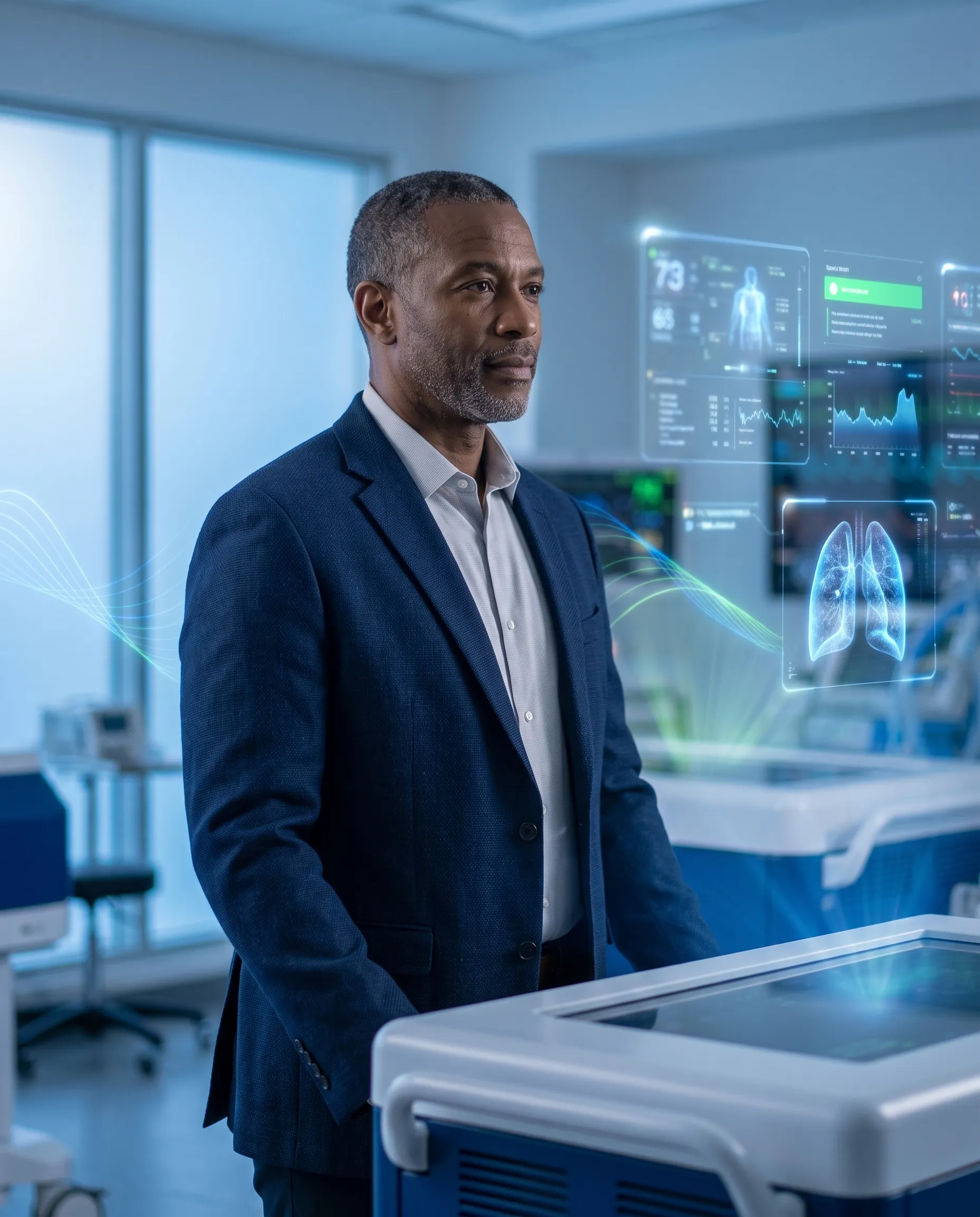 A program director in a high-tech simulation lab with holographic patient dashboards.