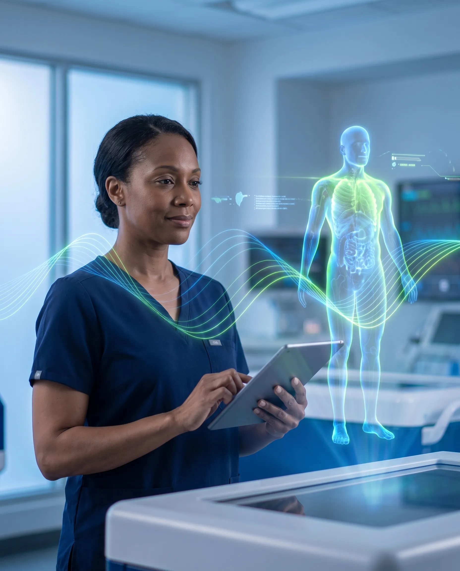 A nursing instructor with a tablet watching a holographic patient scenario in a simulation lab.