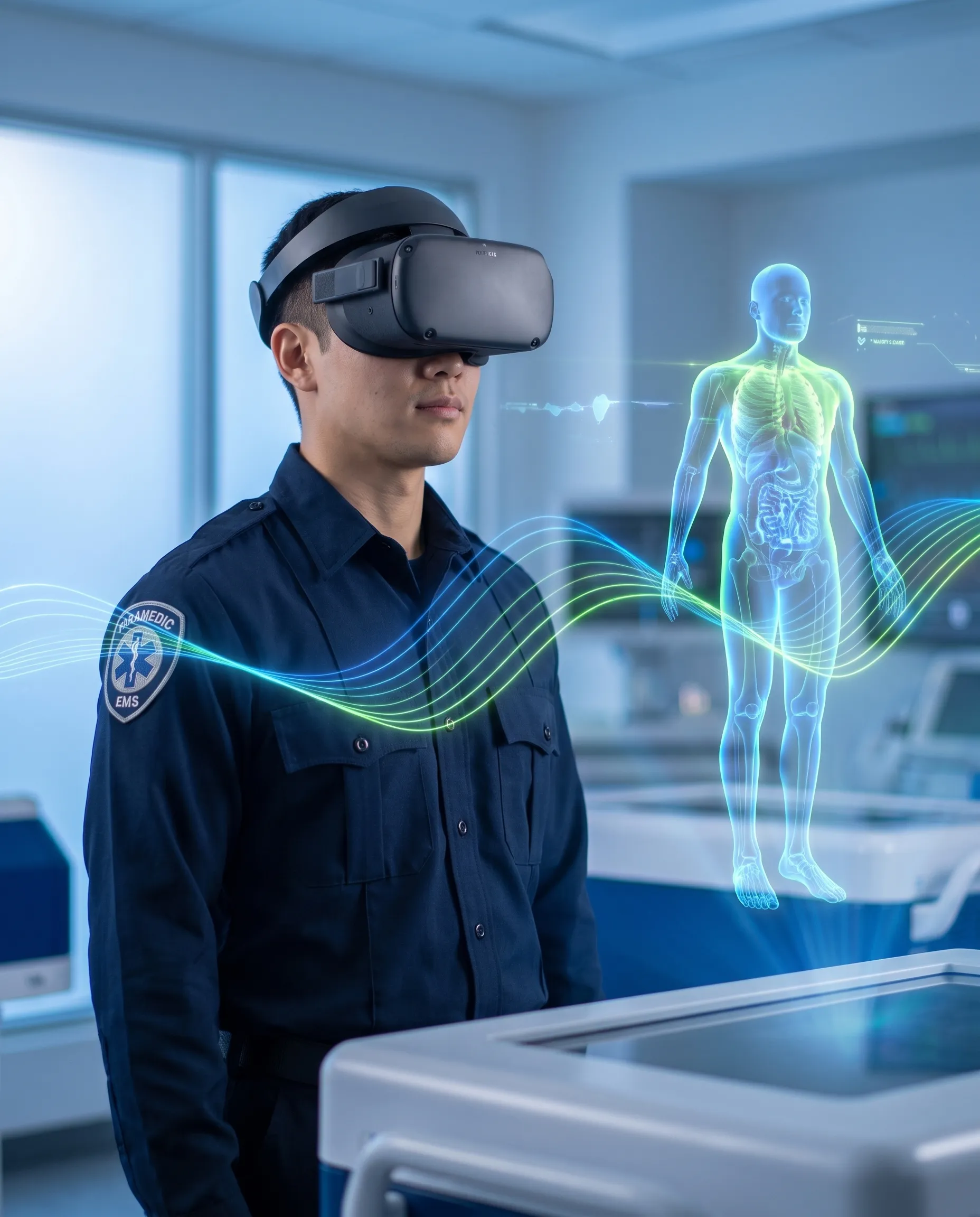 A young paramedic in EMS uniform wearing a VR headset beside a glowing holographic patient.